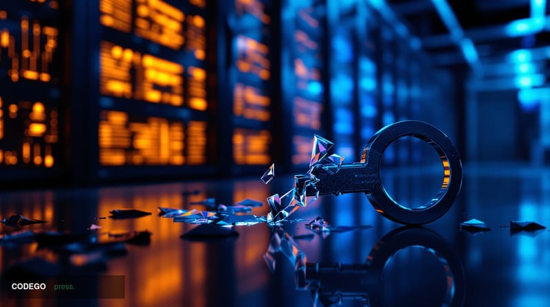 A photorealistic 8K editorial photograph depicting a fractured digital lock mechanism in close-up, rendered in cold steel and