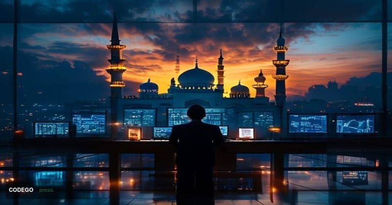 A dramatic cinematic editorial photograph set in Islamabad, Pakistan, with the iconic Faisal Mosque's white marble minarets v