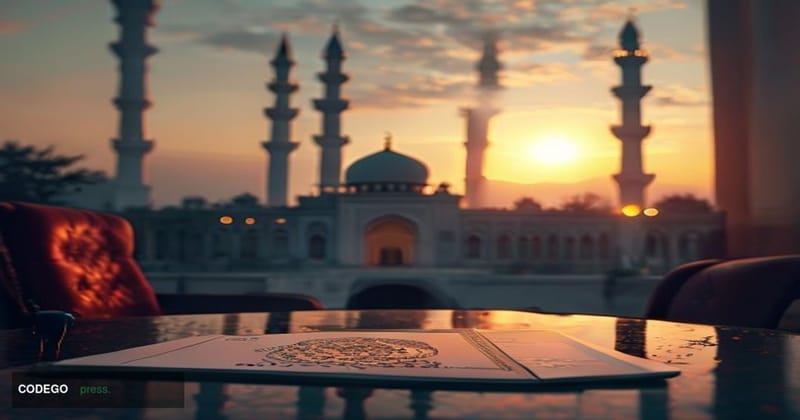 A cinematic editorial photograph set in Islamabad, Pakistan, with the iconic Faisal Mosque's white marble minarets visible in
