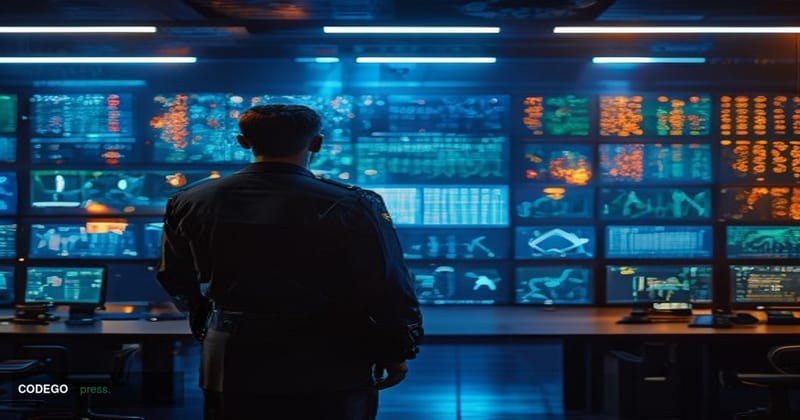 A dramatic editorial photograph set inside a high-tech Pakistani government command and control centre, modelled on the aesth
