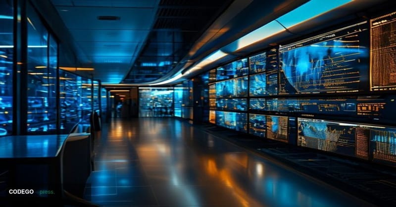 A cinematic editorial photograph set inside a sleek, high-security enterprise operations center, with multiple large curved m