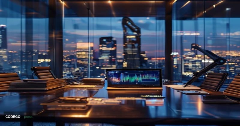 A dramatic cinematic editorial photograph depicting a sleek, modern venture capital investment office interior at dusk, with 