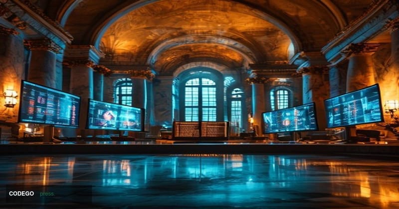 A cinematic editorial photograph set inside a grand neoclassical government treasury building, with imposing marble columns a