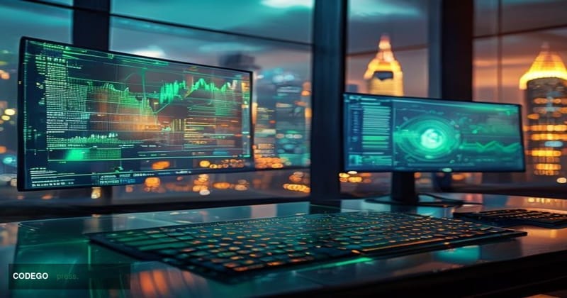 A cinematic editorial photograph set inside a modern financial technology operations center, featuring two large curved monit