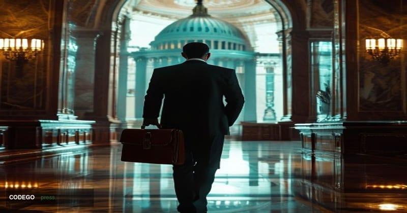 A cinematic photorealistic editorial photograph set inside a grand U.S. Senate corridor, shot from a low angle looking toward