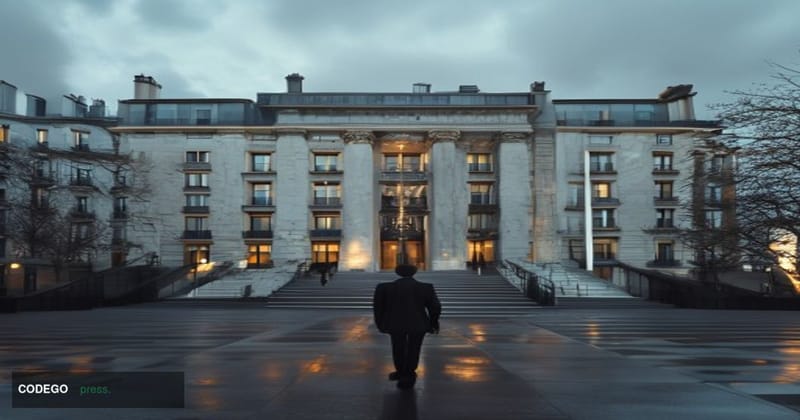 # Image Prompt

A high-angle establishing shot of a stern, modernist French governmental building with classical stone facade
