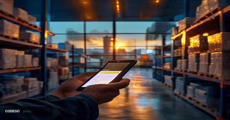 A cinematic editorial photograph set inside a modern, warmly lit e-commerce fulfillment hub in Mumbai, India, with a foregrou