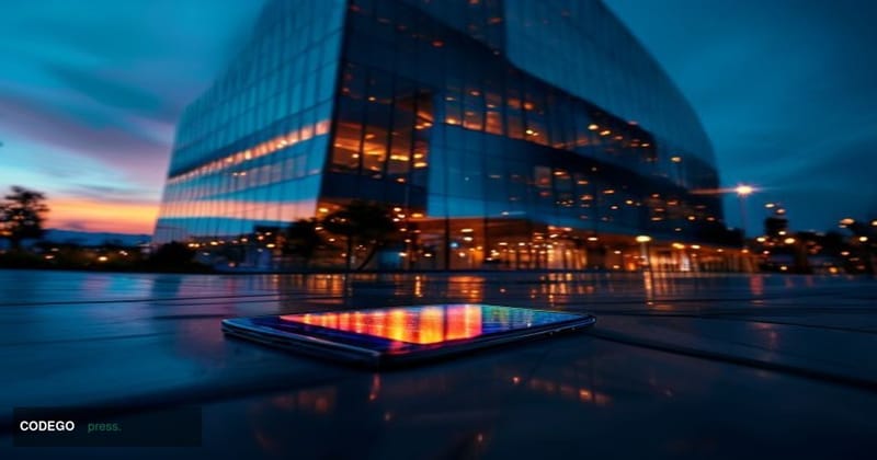 A cinematic editorial photograph of PayPal's corporate headquarters in San Jose, California, shot from a low angle at dusk, w