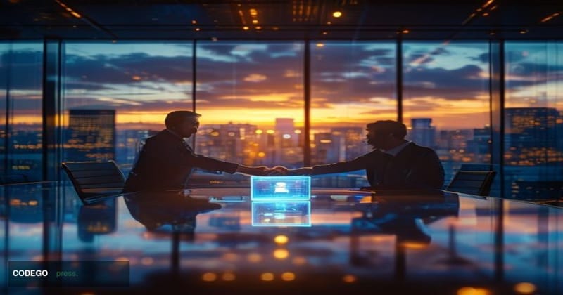 A cinematic editorial photograph depicting a corporate technology acquisition scene set in a modern San Francisco-style finte