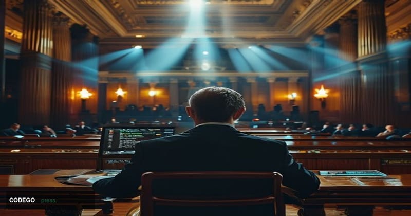 A cinematic editorial photograph set inside a grand federal regulatory hearing room in Washington D.C., with polished mahogan
