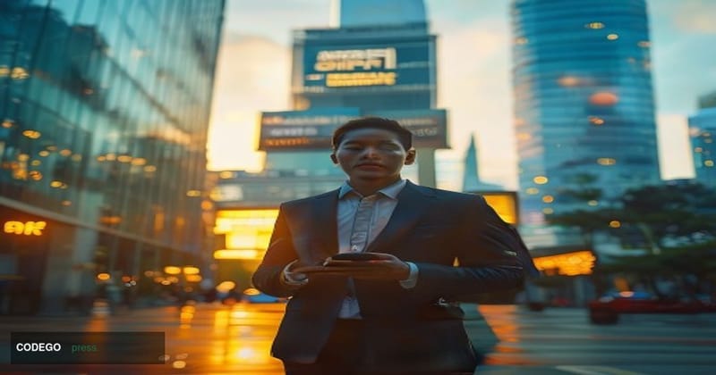 A photorealistic editorial photograph set in Manila's Bonifacio Global City financial district, with BPI (Bank of the Philipp