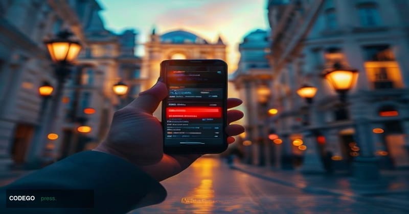 A cinematic editorial photograph taken at a low angle looking up at a glowing smartphone screen displaying a suspicious phish