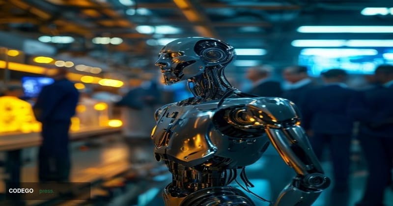 A cinematic editorial photograph set inside a cutting-edge robotics research facility, where a sleek industrial humanoid robo