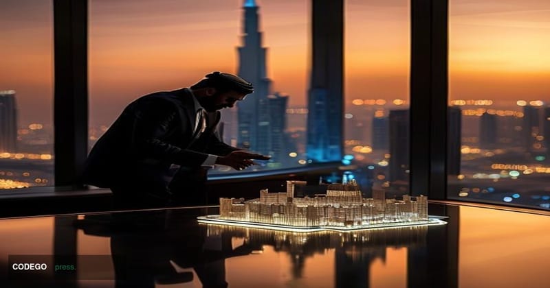 A cinematic editorial photograph set in Riyadh, Saudi Arabia, with the iconic Kingdom Centre Tower visible in the background 