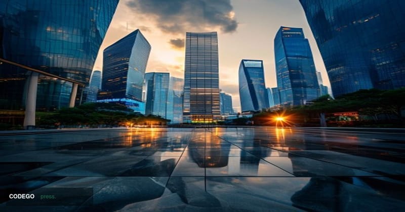 A cinematic editorial photograph shot at ground level looking upward along Singapore's Raffles Place financial district at tw