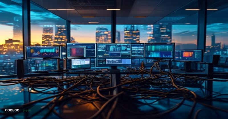 A dramatic cinematic editorial photograph of a modern financial brokerage operations center, shot from a low angle looking up