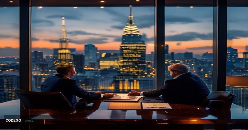 A cinematic editorial photograph set inside a sleek, modern private wealth management office with floor-to-ceiling glass wind