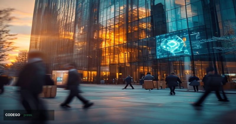 A cinematic editorial photograph of a modern corporate headquarters building in an urban tech district, with glass facades re