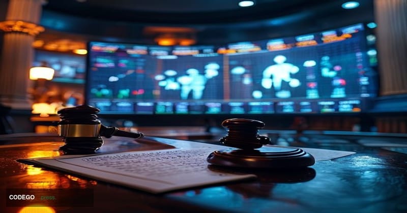 A dramatic cinematic editorial photograph set inside a sleek, dimly lit financial trading floor environment with large curved