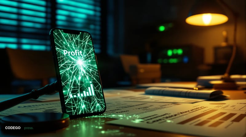 A cinematic editorial photograph of a cracked smartphone screen displaying a glowing green profit chart in a dimly lit room, 