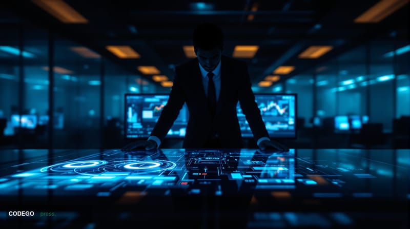 A cinematic editorial photograph set inside a dimly lit, high-contrast trading floor environment evoking a crypto prediction 