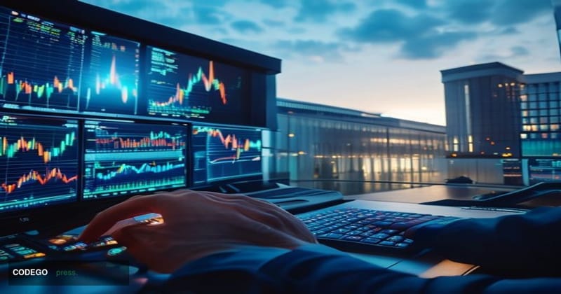 A sleek modern financial trading floor bathed in cool blue and silver lighting, with multiple high-resolution monitors displa