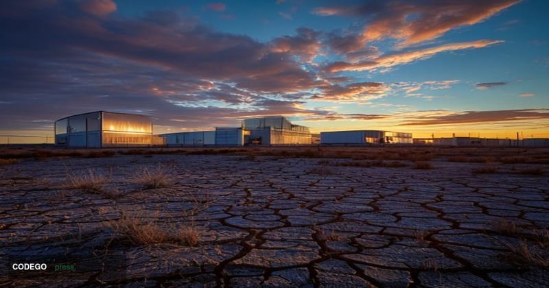 A photorealistic editorial photograph of a vast, sun-scorched West Texas desert landscape at dusk, with two large industrial 