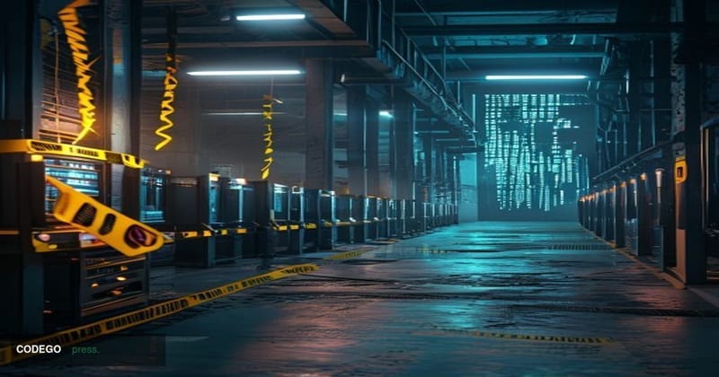 A dimly lit industrial Bitcoin mining facility interior shot from a low angle, rows of ASIC mining rigs casting a cold blue-g