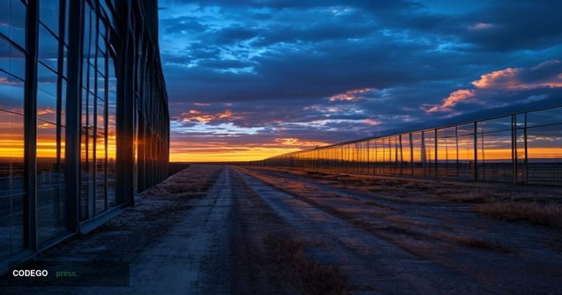 A cinematic editorial photograph of an industrial Bitcoin mining facility in a vast Texas landscape, shot at dusk with dramat