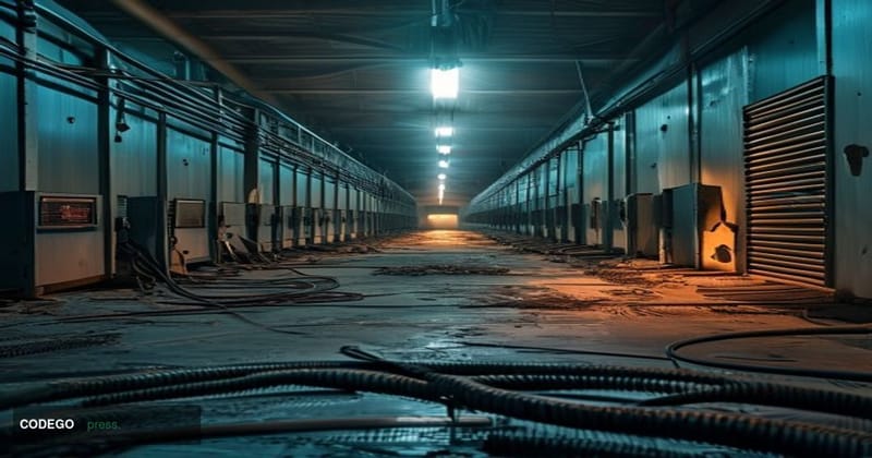 A photorealistic editorial photograph of a vast, dimly lit industrial Bitcoin mining facility in West Texas, rows of ASIC min