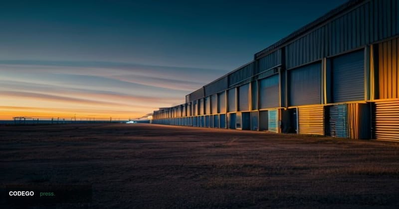 A wide-angle cinematic editorial photograph taken at the exterior of an industrial Bitcoin mining facility in West Texas at d