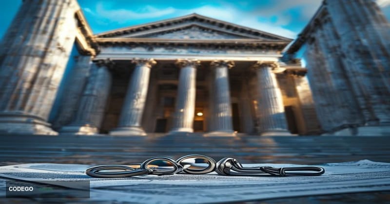 A cinematic editorial photograph taken at a low angle looking up at the imposing granite facade of a United States federal co