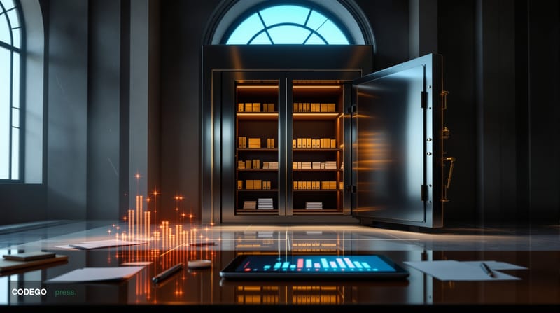 A cinematic editorial photograph set inside a grand, marble-floored financial institution vault, shot from a low angle lookin