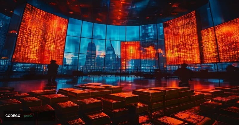 A cinematic editorial photograph set inside a monumental financial trading floor, shot from a low angle looking up at large c