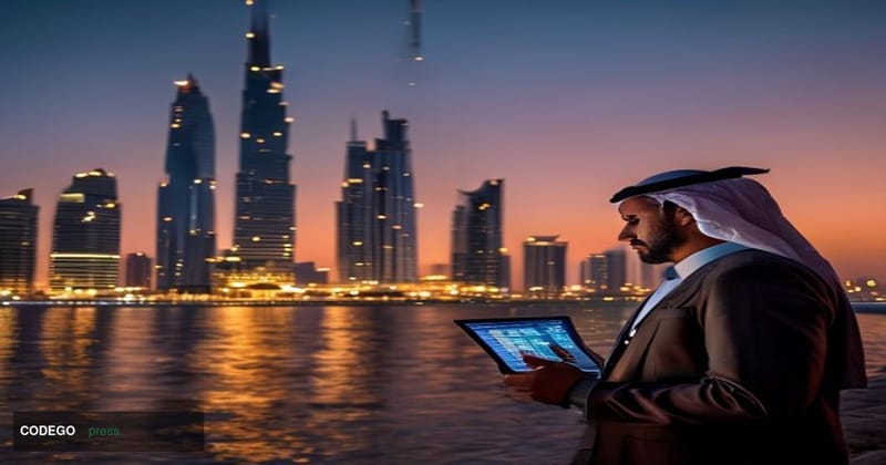 Cinematic editorial photograph of the Doha skyline at dusk, dominated by the glittering towers of the Qatar Financial Centre 
