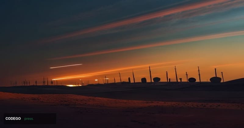 A dramatic cinematic editorial photograph shot from a low angle at dusk over the Qatari desert landscape, with the iconic Doh