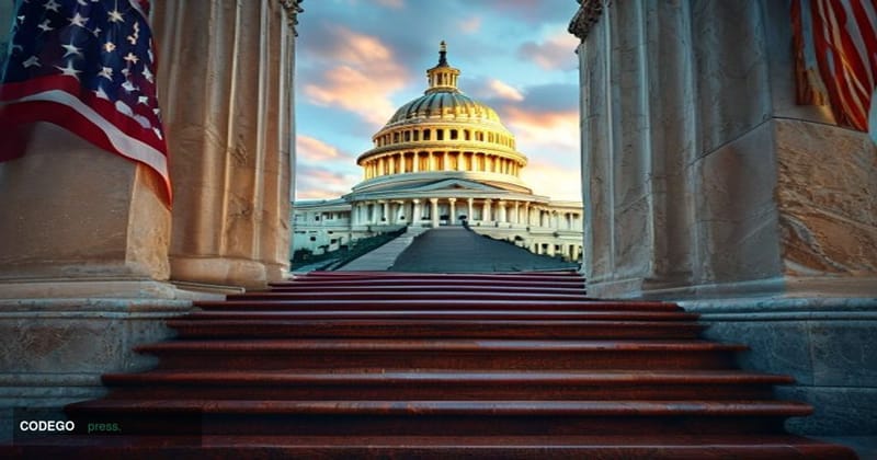 A cinematic editorial photograph of the United States Capitol building in Washington D.C. at dawn, shot from a low angle look
