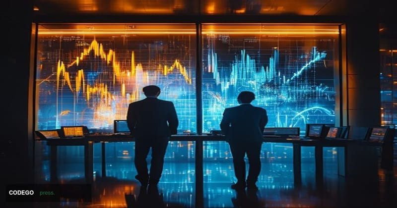 A cinematic editorial split-composition photograph set inside a modern financial technology operations center, shot from a lo