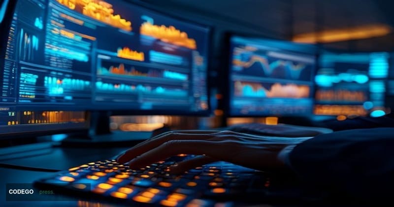 A cinematic editorial photograph of a sleek modern corporate financial operations center, with dual large curved monitors dis