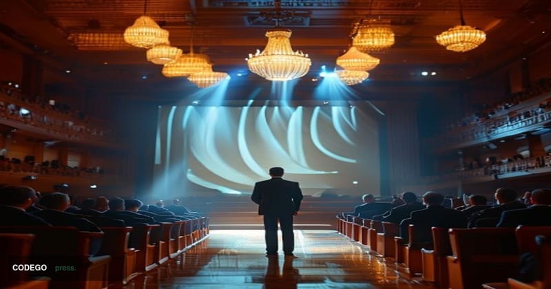 A cinematic editorial photograph set inside a grand Melbourne lecture hall with high ornate ceilings and warm amber chandelie
