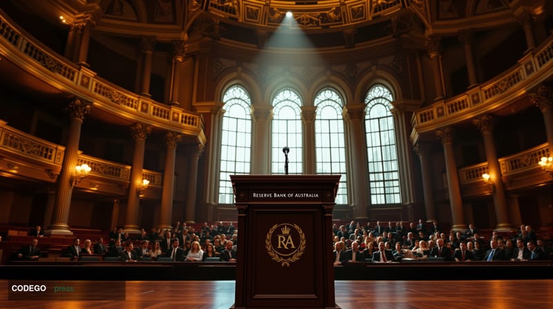 A cinematic editorial photograph set in a grand Melbourne lecture hall with classical Victorian architecture — ornate carved 