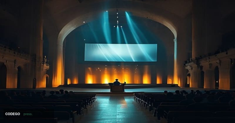 A cinematic editorial photograph set inside a grand Melbourne lecture hall at dusk, with warm amber spotlighting falling diag