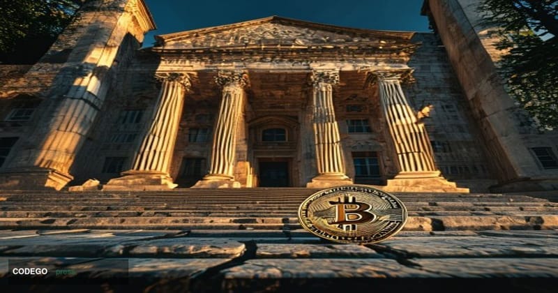 A photorealistic cinematic editorial photograph of the Reserve Bank of India's iconic Mumbai headquarters building — the gran