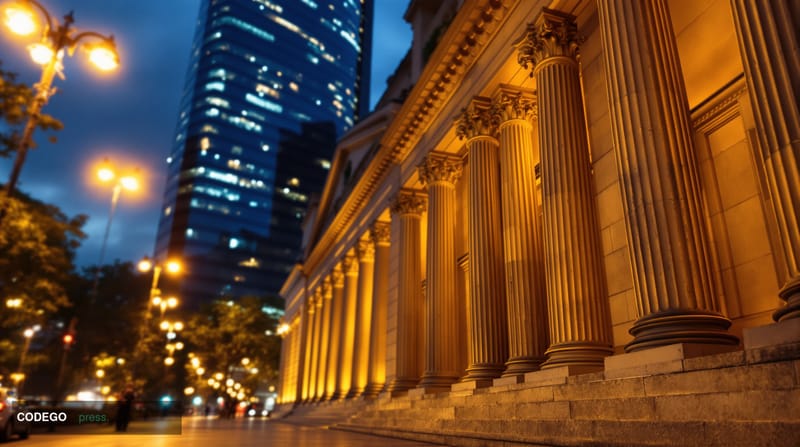 A dramatic editorial photograph centered on the Reserve Bank of India's iconic Mumbai headquarters — the grand neoclassical s