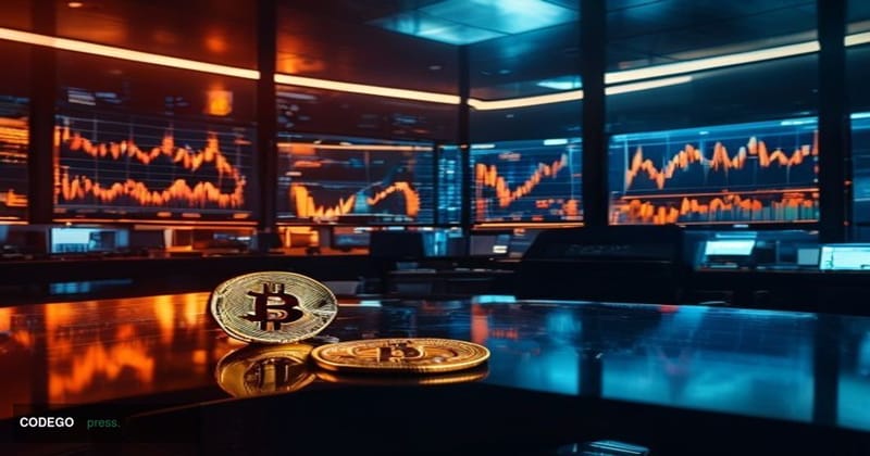 A dramatic cinematic editorial photograph set in a dimly lit trading floor environment with large curved monitors displaying 