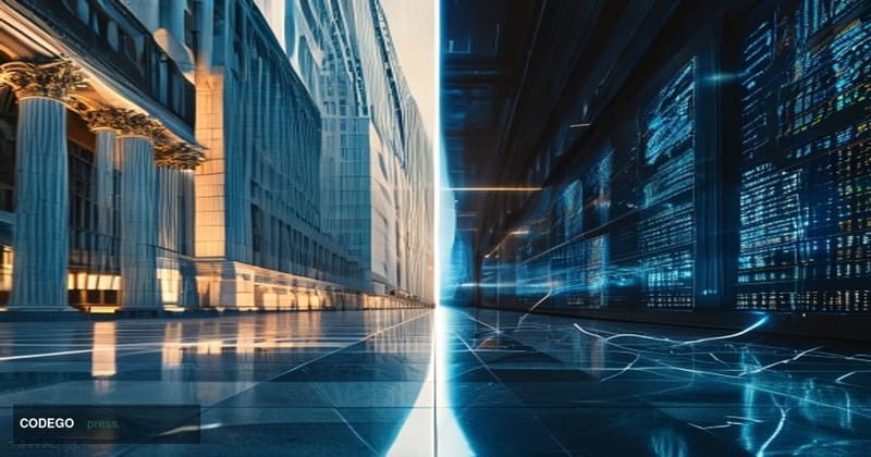 A cinematic editorial photograph shot from a low angle looking up at a dramatic split-screen architectural scene: on the left