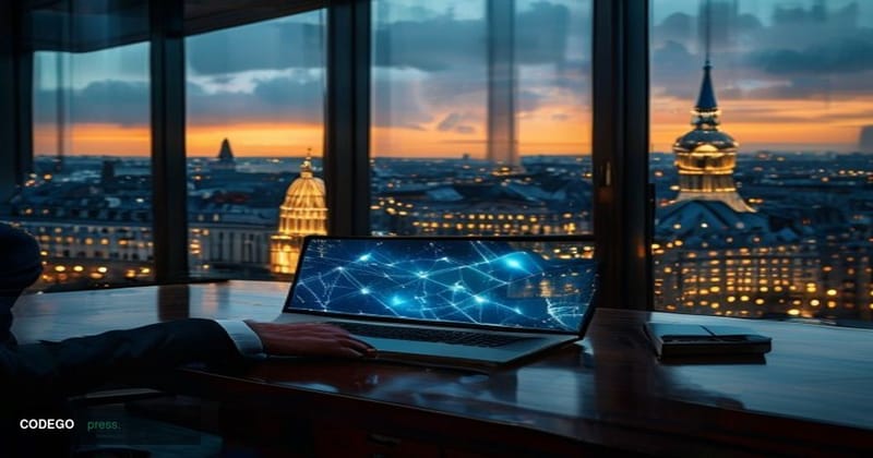 A cinematic editorial photograph set inside a sleek, modern European law firm office with floor-to-ceiling glass windows over