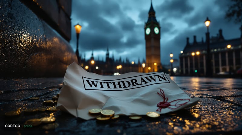 A dramatic cinematic editorial photograph set outside the Houses of Parliament in Westminster, London, with the iconic Elizab
