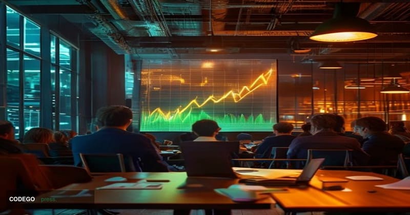 A cinematic editorial photograph capturing a crowdfunding pitch event in a modern co-working space in a major U.S. financial 