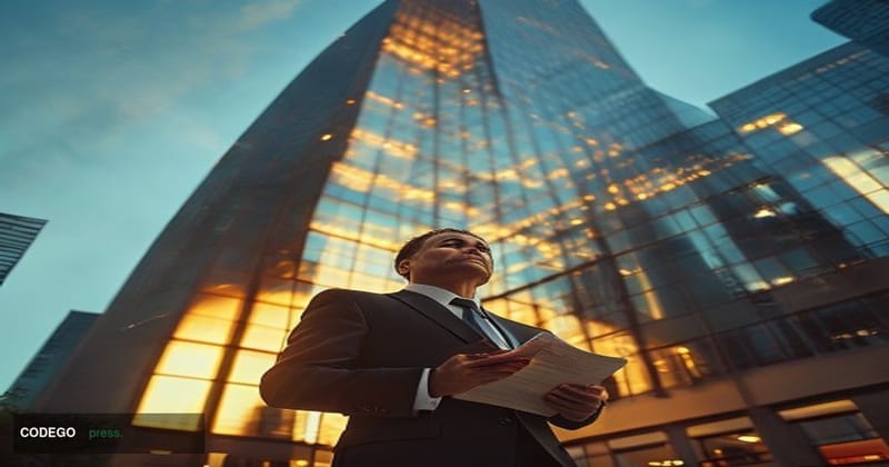 A cinematic editorial photograph taken at low angle looking up at the imposing glass-and-steel facade of a major American reg